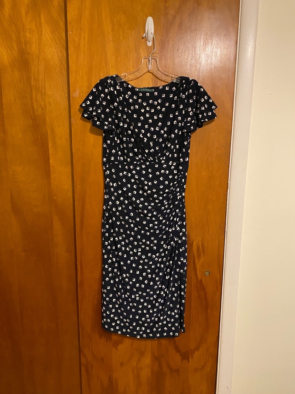 Lauren Ralph Lauren Black Midi Dress with White Geometric Print Flounce Sleeves